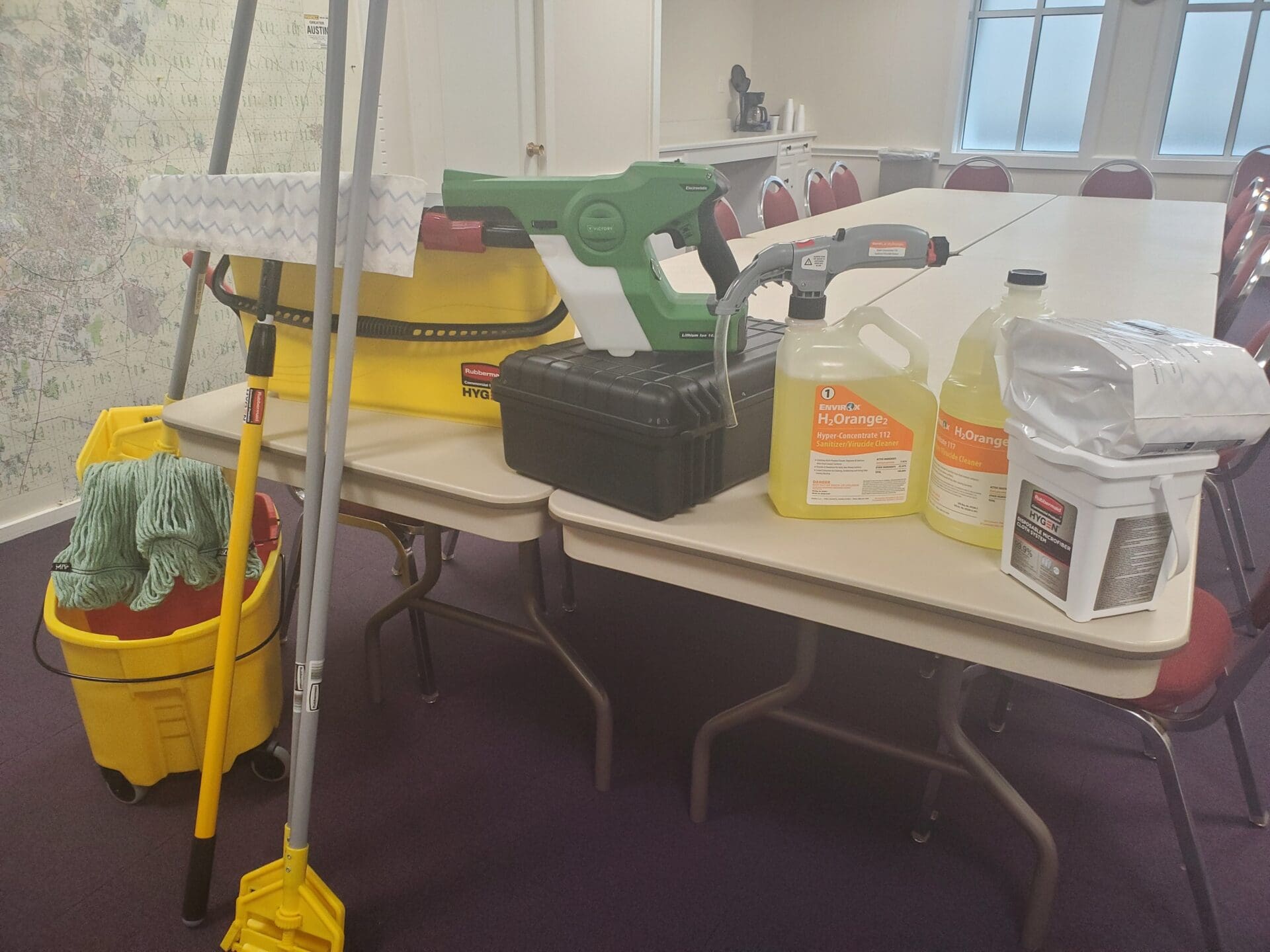 a table with cleaning supplies on it